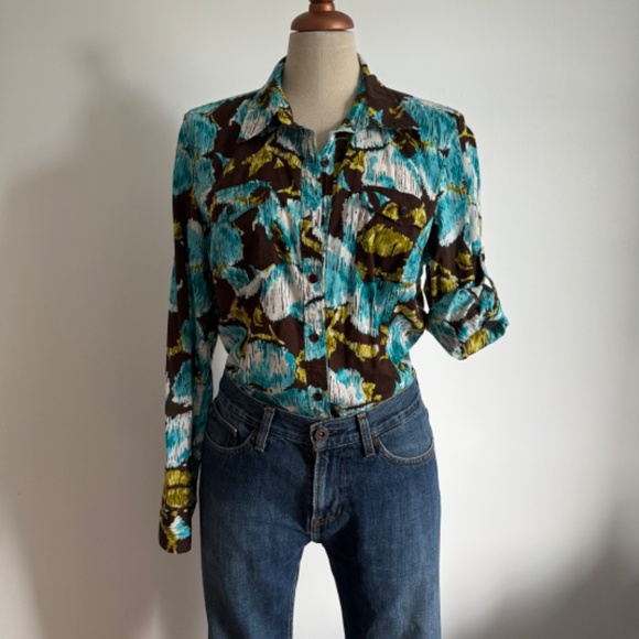 Jones New York Sport - Brown and Blue Floral Long Sleeve Button Down Shirt - Picture 6 of 11